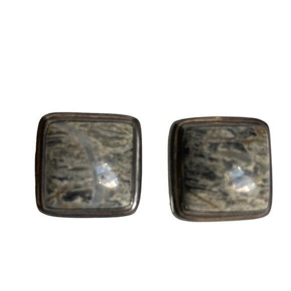 Vintage Sterling Silver Gray Stone Square Earrings Clip On Chunky Mottled Stone - Picture 1 of 11